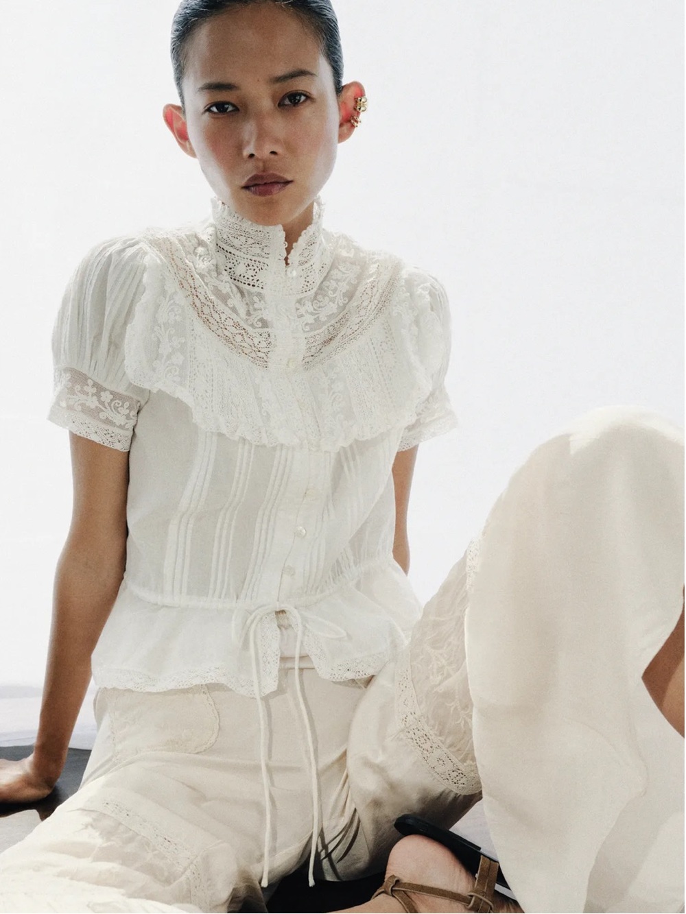 Zara Ivory Lace Yoke Peplum Button-Front Top - Picture 2 of 6